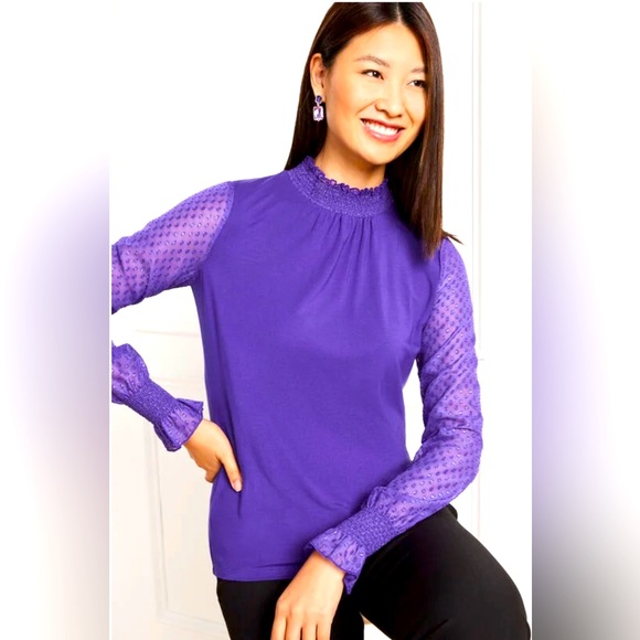 Talbots smocked neck long sleeve, purple, size M - Picture 1 of 6